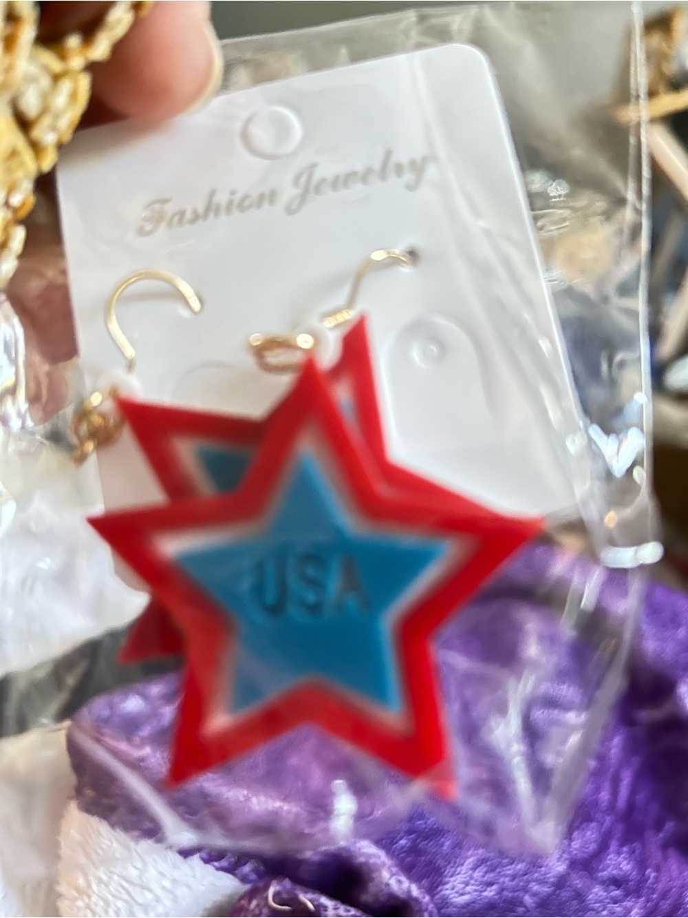 USA Star Red & Blue Dangle Earrings